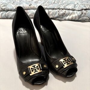 Tory Burch Black Wedges with Gold Accents